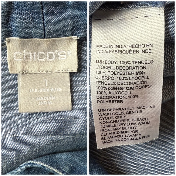 CHICOS POPOVER TOP TENCEL EMBROIDERED SLEEVES CHAMBRAY BOHO CHIC FESTIVAL 8/10 - Picture 11 of 11